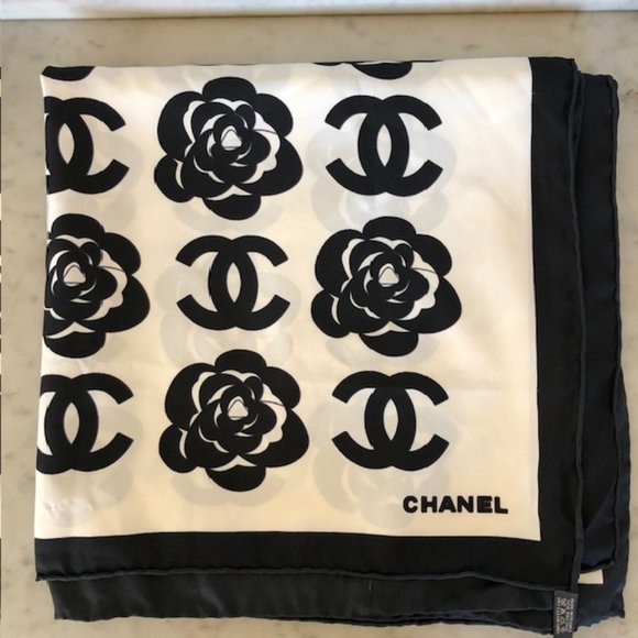 CHANEL Accessories - CHANEL CC Camellia Print Black White Silk Scarf Large Square